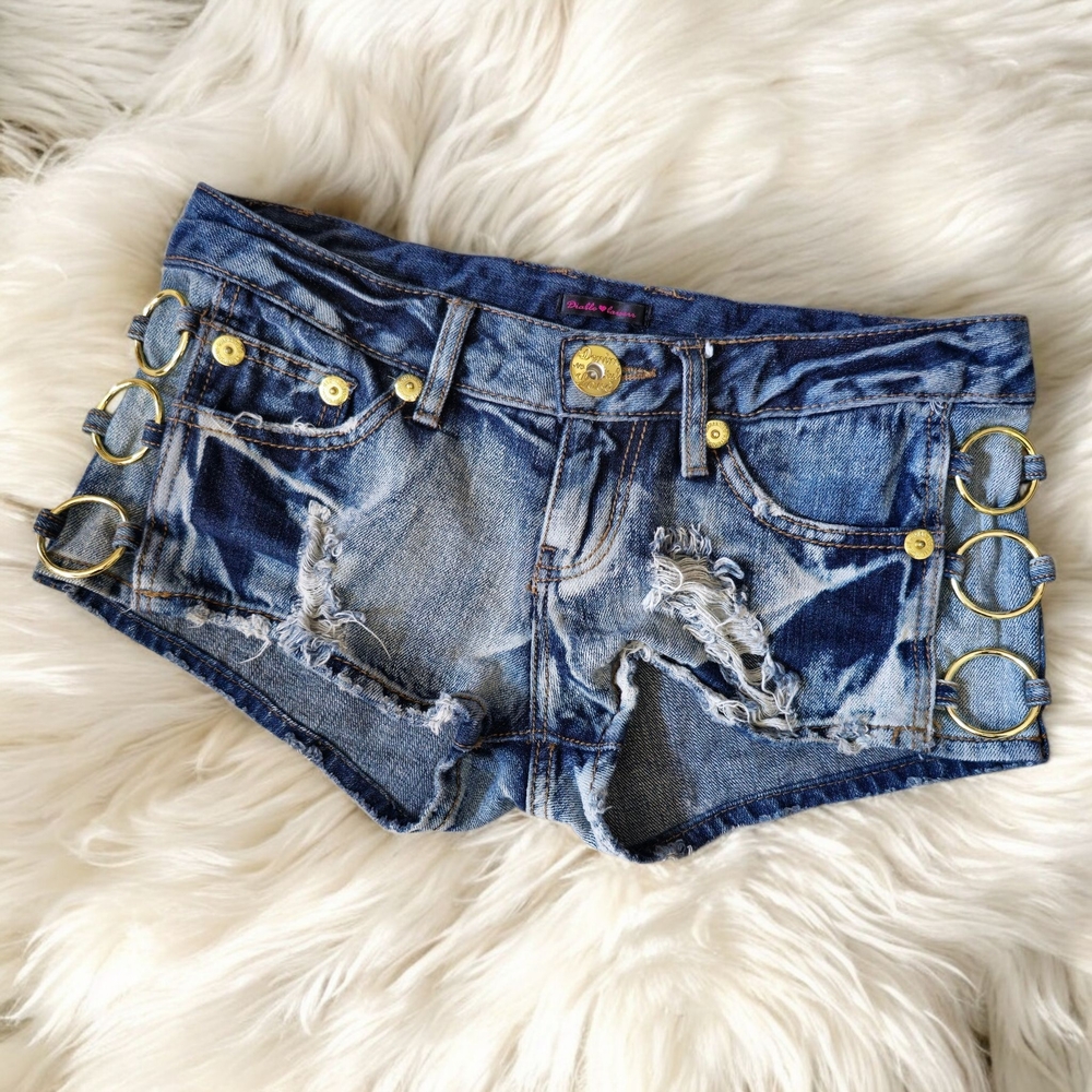 Gyaru Stylish Distressed Denim Shorts with Gold Accents JAPAN Free-size